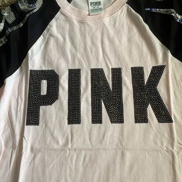 Ladies “PINK” long sleeve sequin accent top. Light pink w/black sleeves. Sz XS - Picture 2 of 9